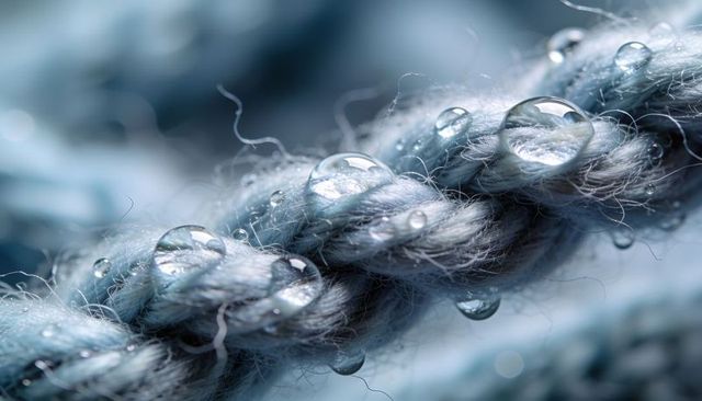 Macro braided blue-gray rope with crystal water droplets and soft fiber texture