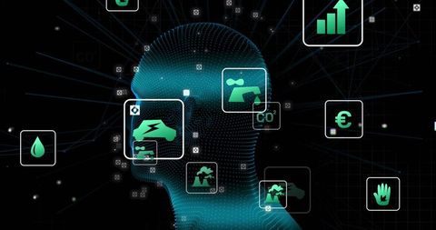 Digital Human Silhouette with Sustainability and Technology Icons