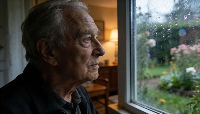 Gazing senior man watching rain at window, contemplative elder in cozy living room