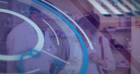 Pharmacist consulting patient at pharmacy counter with futuristic hud overlay and ar