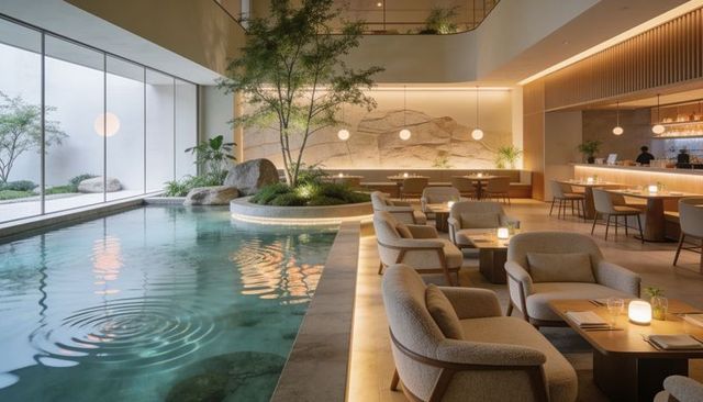 Shimmering reflecting pool anchoring tranquil lounge with planted island, timber accents