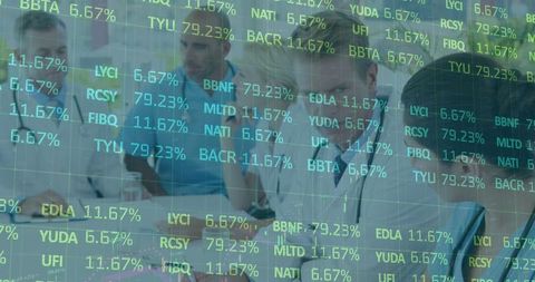 Doctors Analyzing Data with Financial Metrics Overlay