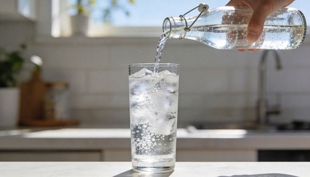 Pouring sparkling water into tall iced glass on sunlit kitchen counter with flip-top bottle
