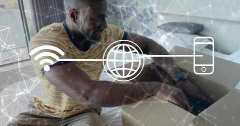 Unpacking smartwatch delivery in minimalist bedroom with wireless connectivity overlay