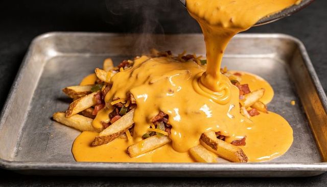 Pouring glossy cheese sauce over loaded bacon fries on metal tray