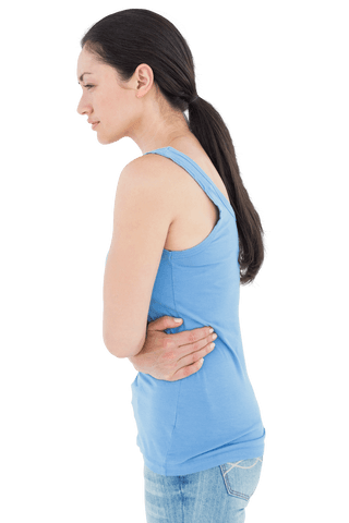 Young woman in blue holding stomach on transparent background