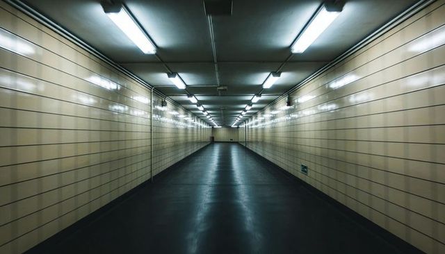Empty Subterranean Tunnel Receding to Vanishing Point Symmetrical Tiled Corridor Underpass