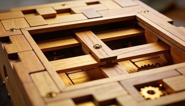Handcrafted wooden puzzle box showing brass gears and sliding slats close-up macro detail