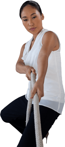 Confident woman pulling rope in transparent background