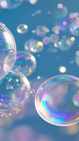 Entering iridescent soap bubbles drifting and rotating over pastel bokeh vertical video