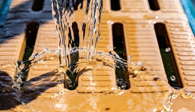 Pouring water stream hitting tan slotted pool grate creating shimmering ripples