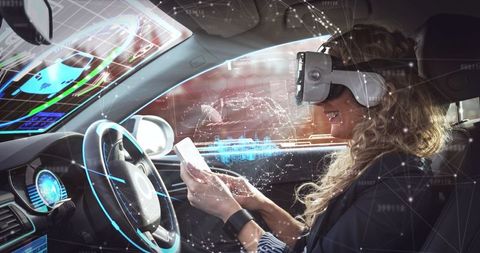Woman Experiencing VR in Self-Driving Car with 3D Network Graphics - Download Free Stock Images Pikwizard.com