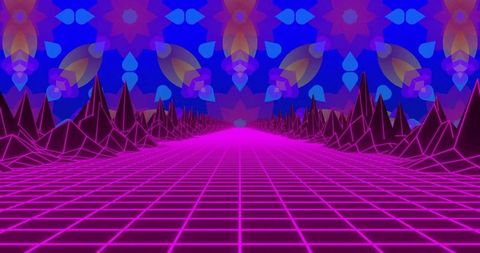 Futuristic neon grid in abstract digital landscape
