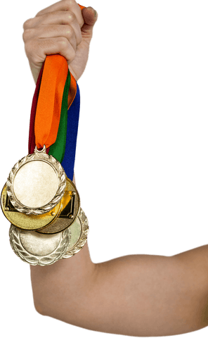 Athlete's Arm Holding Multiple Gold Medals on Transparent Background
