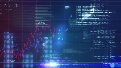 Intuitive animation showcasing digital data processing with dynamic graphs and blue grid backdrop. Perfect for illustrating concepts related to global data analytics, cybersecurity advancements, or futuristic tech innovations. Ideal for use in presentations, tech-focused websites, or educational resources on data management technologies.