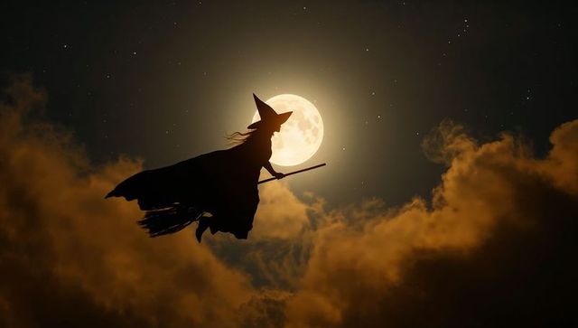 Silhouette of a Witch Flying Across the Moonlit Sky