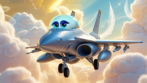 Whimsical f16 jet with expressive eyes soaring amongst clouds