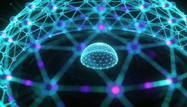 Glowing hemispherical wireframe dome emitting cyan light within neon geodesic network