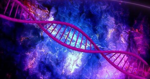 Vibrant DNA Strand on Abstract Cosmic Background