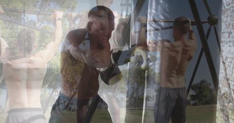 Man Exercising in Outdoor Gym with Kettlebell and Pull-Up Bars