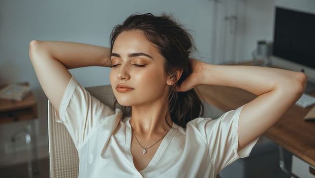 Young woman relaxing at office desk wearing white v-neck and pendant necklace