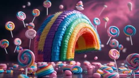 Vibrant Rainbow Piñata with Whimsical Candy Explosion