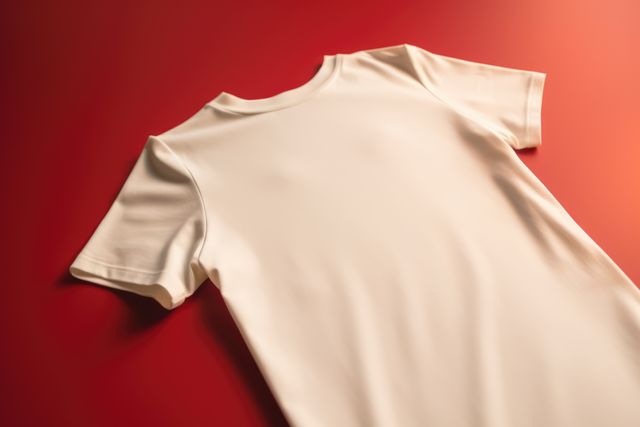 White tshirt with copy space on red background, created using generative ai technology. Clothing, texture, material, digitally generated image.