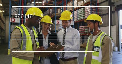 Warehouse Team Conducting Safety Briefing with Clipboard and Hard Hats in Logistics Hub