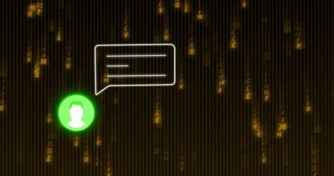 Neon chat interface with glowing green avatar and falling currency icons for fintech