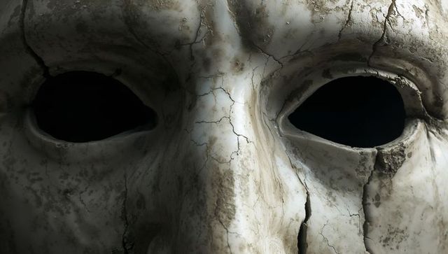 Weathered plaster mask with hollow eye sockets, cracked patina and dark chiaroscuro