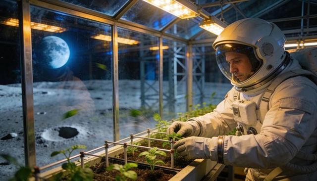 Astronaut tending lunar greenhouse seedlings under led grow lights