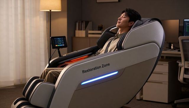 Young man relaxing in high-tech restoration zone massage chair in modern office workspace