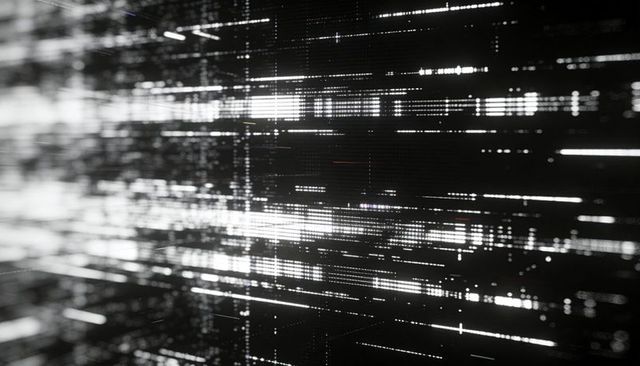 Monochrome data tunnel with light streaks and pixel grid conveying future network