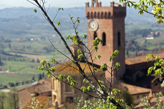 This picturesque scene captures the essence of the Italian countryside, featuring a historic clock tower in the background. Fresh green leaves on tree branches frame the image, symbolizing spring and renewal. Ideal for use in travel brochures, nature-inspired designs, or as a serene background for various creative projects. Suitable for promoting tourism to historical regions, emphasizing rural beauty, and appreciating architectural heritage.