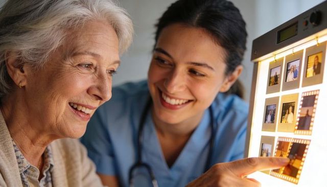 Senior woman and nurse smiling while viewing family slides on lightbox, reminiscing gently