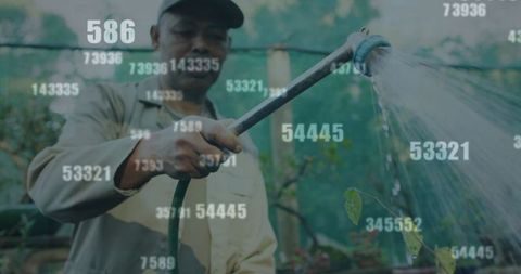 Digital Interface Overlay on Gardener Watering Plants Setup