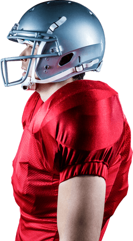 Transparent sportsman in red jersey and helmet side view