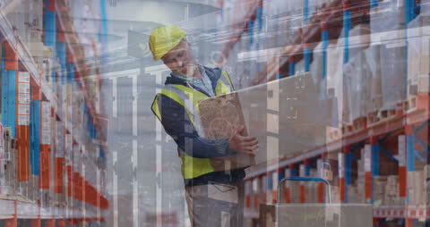Warehouse Worker Surrounded by Digital Data Graphics