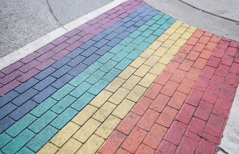 Colorful Rainbow Brick Crosswalk Symbolizing LGBTQ Pride