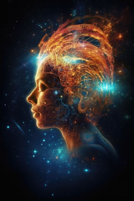 This image depicts a woman in profile with elements of space incorporated into her hair, which glows with cosmic colors and intricate patterns. Her face features glowing tattoos, creating a mystical and otherworldly feel. Perfect for websites or projects related to fantasy, science fiction, dreams, creativity, and ethereal themes.