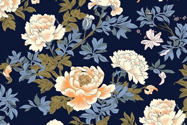 Beautiful vintage floral pattern featuring blooming peonies against dark background. Suitable for home decor, wallpapers, textiles, and fashion design. Adds an elegant and timeless touch to any project.