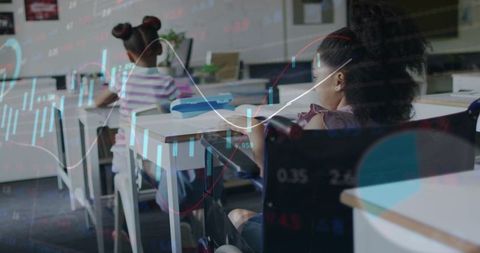 Inclusive classroom with wheelchair student learning at desk, education and accessibility