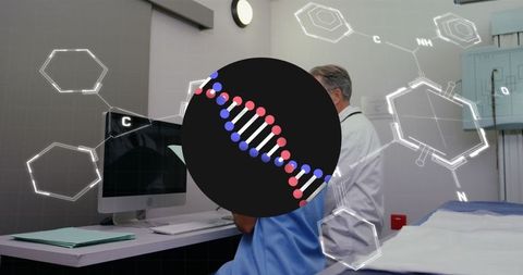 Healthcare Professionals Analyzing DNA and Chemical Structures Overlay