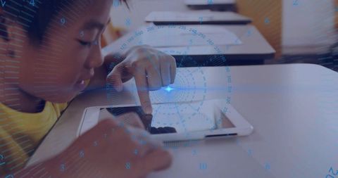 Young student interacting with tablet touchscreen and futuristic blue hud in classroom