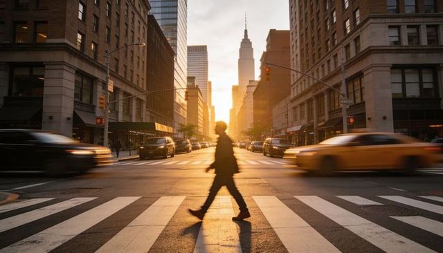 Golden hour silhouette walking across manhattan crosswalk with taxis and skyline glow
