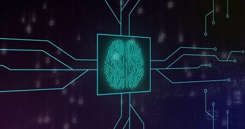 Futuristic Brain Circuit Icon with Binary Code Background
