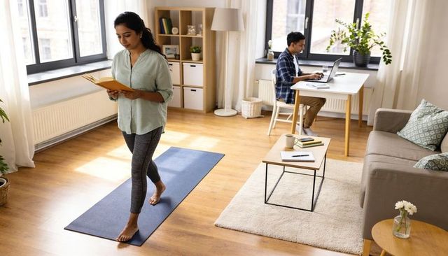 Woman reading while walking on yoga mat in cozy living room during remote work