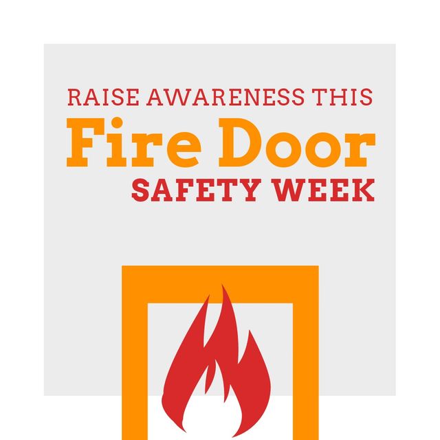 Illustration of raise awareness this fire door safety week text and door and fire on gray background. copy space, danger, fire door, awareness, protection and campaign concept.