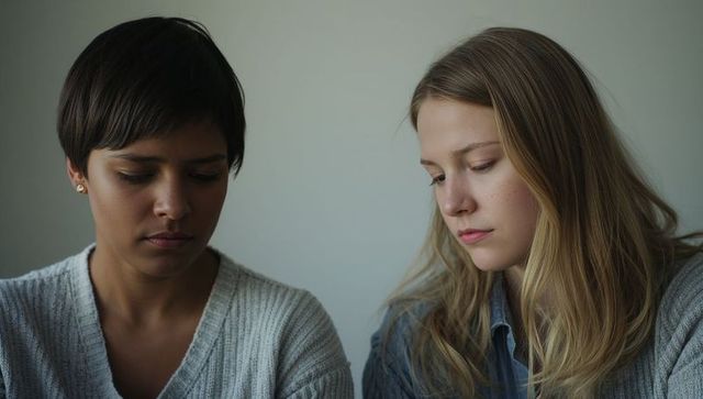 Two women sitting and looking down, contemplative minimalist portrait, intimate duo