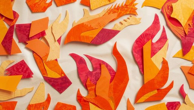 Vibrant paper flames in abstract collage art